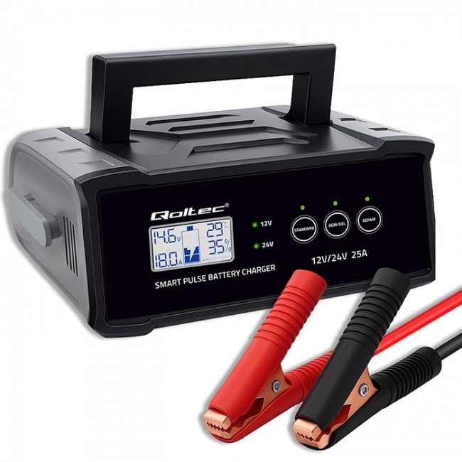 Qoltec Inteligentna mikroprocesorowa adowarka 12V 24V 25A| Prostownik z funkcją naprawy do akumulatora AGM GEL SLA | LCD