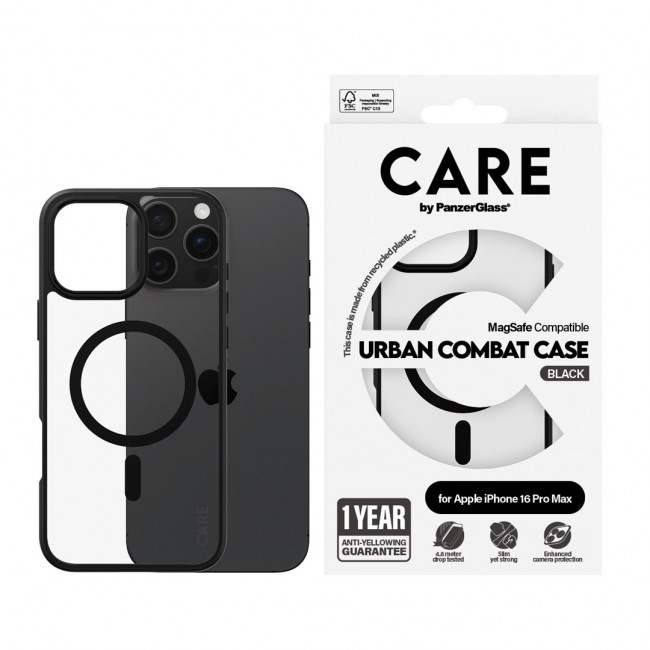 PanzerGlass CARE by Urban Combat Case Transparent w. Black Frame & MagSafe iPhone 16 Pro Max
