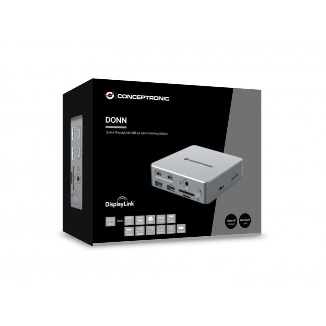 Conceptronic DONN25G 15-in-1 DisplayLink USB 3.2 Gen 2 Docking Station, Triple 4K60Hz Display, HDMI x 2, DisplayPort, USB-C 10Gbps x 2, USB-A 10Gbps x 2, USB-A 5Gbps x 2, SD, TF/MicroSD, GbE, Audio, DC in, Security Slot, PD 3.0