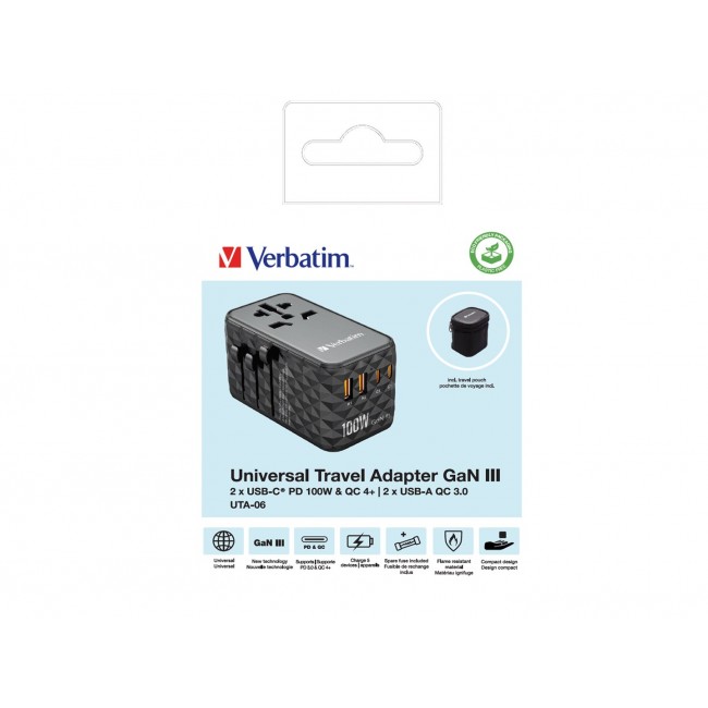 Verbatim UTA-06 100W GaN III Universal Travel Adapter with 2 x USB-C PD & QC 4+ & 2 x USB-A QC 3.0 ports