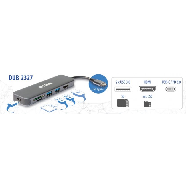 D-Link 6-in-1 USB-C Hub with HDMI/Card Reader/Power Delivery D-Link 6-in-1 USB-C Hub with HDMI/Card Reader/Power Delivery