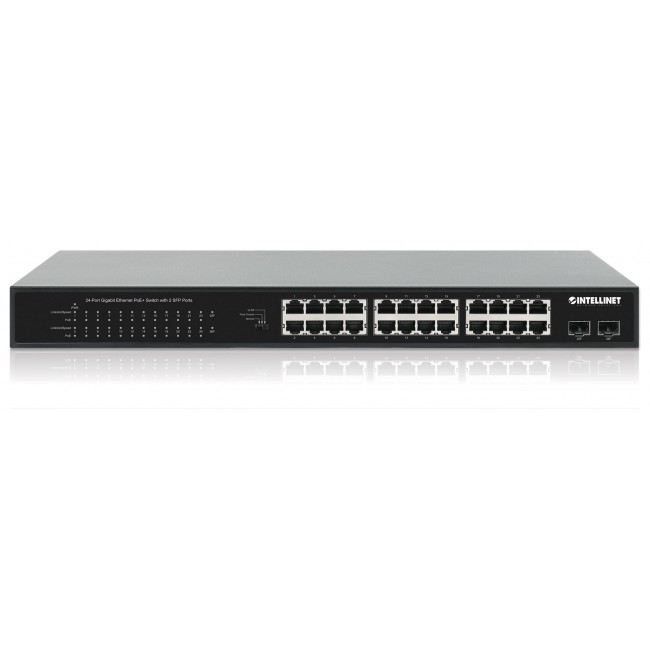 Intellinet 24-Port Gigabit Ethernet PoE+ Switch with 2 SFP Ports IEEE 802.3at/af (PoE+/PoE) Compliant, PoE Power Budget of 370 W, Two 1G SFP Open Slots, 19 Intellinet 24-Port Gigabit Ethernet PoE+ Switch with 2 SFP Ports IEEE 802.3at/af (PoE+/PoE) Compliant, PoE Power Budget of 370 W, Two 1G SFP Open Slots, 19