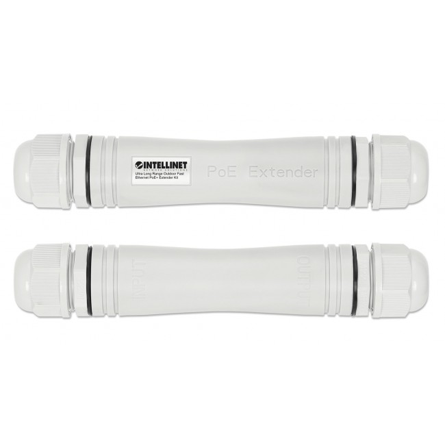 Intellinet Ultra Long Range Outdoor Fast Ethernet PoE+ Extender Kit Extends PoE up to 1000 m (3280 ft.), One PD Port up to 95 W, IEEE 802.3bt (4PPoE) Compatible, IP67 Waterproof and Dustproof, Set of Two Modules, Plastic, Gray