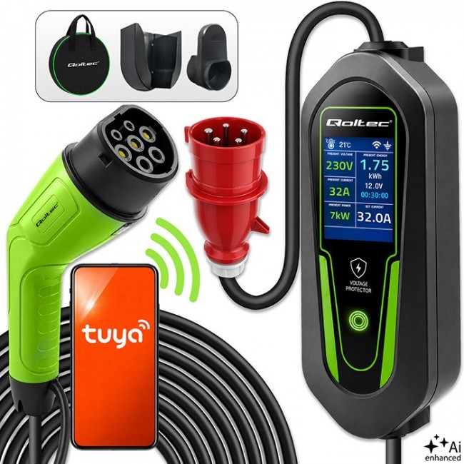 Qoltec adowarka do samochodu elektrycznego EV i hybryd z regulacją 2w1 Typ2 | 7kW | 230V | CEE 32A | Wi-Fi | Tuya | Smart life | LCD | Certyfikat T V | 5m