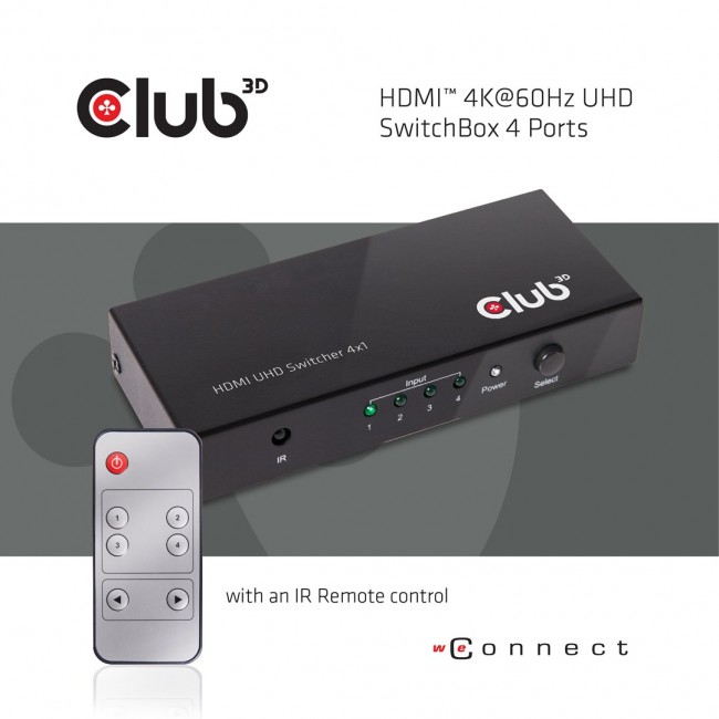 CLUB3D HDMI 2.0 UHD 4K60Hz SwitchBox 4 ports and included IR Remote control