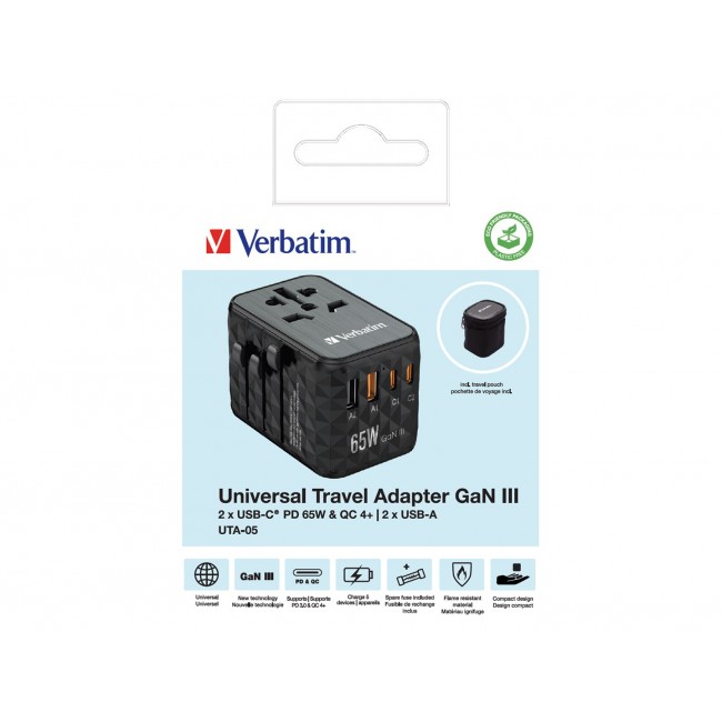 Verbatim GAN III UTA-05 2 X USB-C PD 65W & QC 4+ / 2 X USB-A