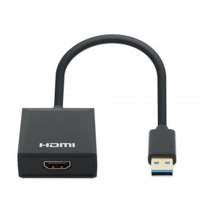 Manhattan USB-A to HDMI Cable, 1080p@60Hz, Converts USB 3.2 Gen1 (aka USB 3.0) signal to HDMI, 15cm, Black, Male to Female, Three Year Warranty