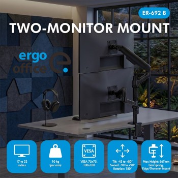 Ergo Office Mount / Holder for 2 Monitors, Gas Spring, 17