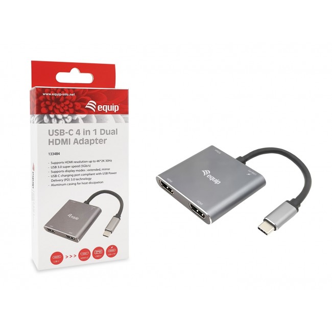 Equip USB-C 4-in-1 Dual HDMI Adapter, USB-C Hub with Dual HDMI USB 3.2 Gen 1 and 100W USB PD, USB-C MST Adapter for Dual Monitors