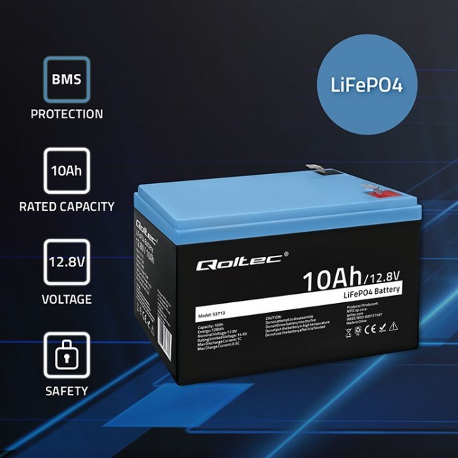 Qoltec 53713 LiFePO4 lithium iron phosphate battery | 12.8V | 10Ah | 1280Wh | BMS Qoltec 53713 LiFePO4 lithium iron phosphate battery | 12.8V | 10Ah | 1280Wh | BMS
