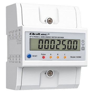 Qoltec 50980 Three-phase electronic meter with reset | DIN rail energy consumption meter | 400V | 100A | LCD | LED | 4P