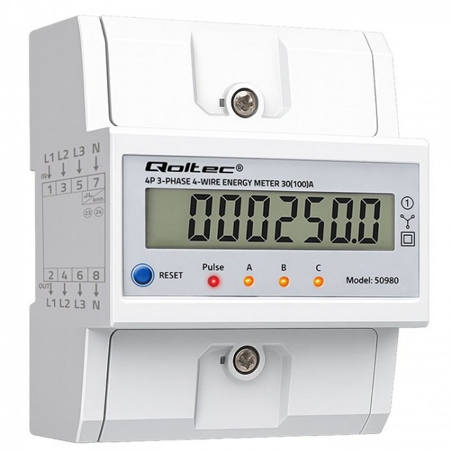 Qoltec 50980 Three-phase electronic meter with reset | DIN rail energy consumption meter | 400V | 100A | LCD | LED | 4P