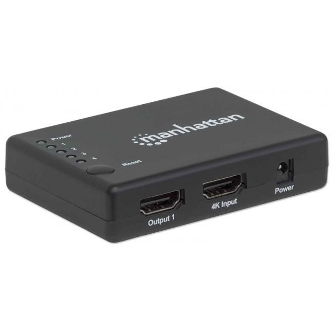 Manhattan HDMI Splitter 4-Port (Compact), 4K@30Hz, Displays output from x1 HDMI source to x4 HD displays (same output to four displays), AC Powered (cable 0.7m), Black, Three Year Warranty