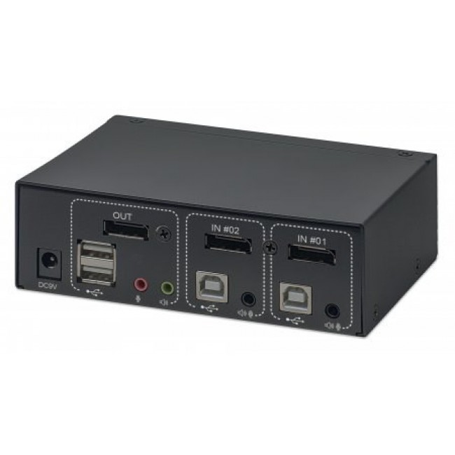 Manhattan DisplayPort 1.2 KVM Switch 2-Port, 4K@60Hz, USB-A/3.5mm Audio/Mic Connections, Cables included, Audio Support, Control 2x computers from one pc/mouse/screen, USB Powered, Black, Three Year Warranty