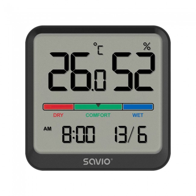 SAVIO Wireless weather station, temperature and humidity sensor, indoor use, LCD screen, clock, date, handle with magnet, CT-01/B Black
