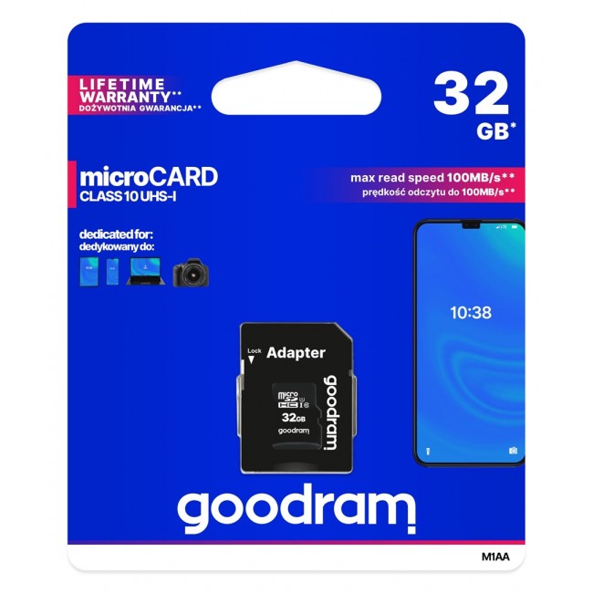 Goodram M1AA-0320R12 memory card 32 GB MicroSDHC Class 10 UHS-I Goodram M1AA-0320R12 memory card 32 GB MicroSDHC Class 10 UHS-I