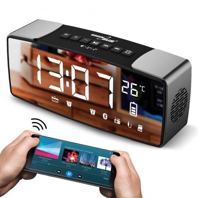 GreenBlue bluetooth clock radio, FM, aux-in, 6W, temperature, alarm, clock, 2200mAh battery, GB200