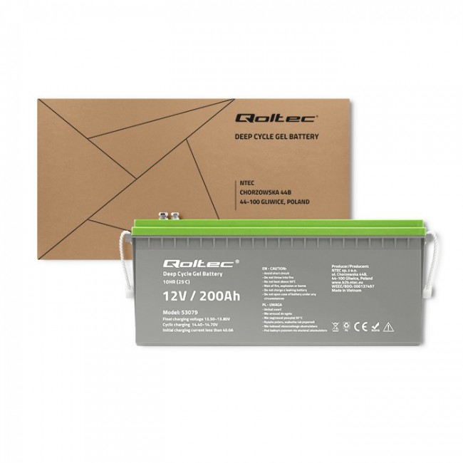 Qoltec 53079 Deep Cycle Gel battery | 12V | 200Ah | 62.5kg Qoltec 53079 Deep Cycle Gel battery | 12V | 200Ah | 62.5kg