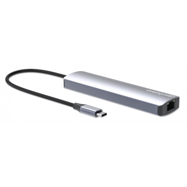 Manhattan USB-C Dock/Hub, Ports (x6): Ethernet, HDMI, USB-A (x3) and USB-C, with Power Delivery (PD) 100W- requires external USB-C charger (not included). USB powered (no external power supply required) when PD is not in use