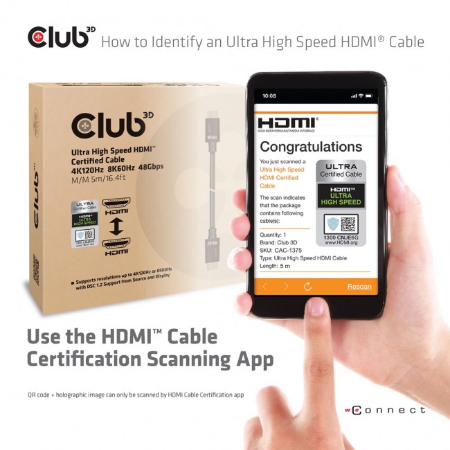 CLUB3D Ultra High Speed HDMI Certified Cable 4K120Hz 8K60Hz 48Gbps M/M 5m/16.4ft