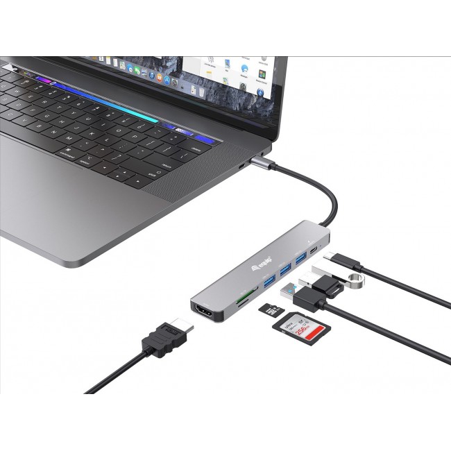 Equip USB-C 7 in 1 Multifunctional Adapter, HDMI 4K/60Hz, USB 3.2 Gen1 x 3 , TF/MICRO SD, 100W USB PD