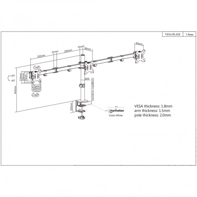 Manhattan TV & Monitor Mount, Desk, Double-Link Arms, 3 screens, Screen Sizes: 10-27