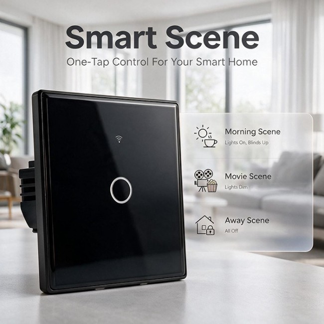 Qoltec 52711 Smart Touch 1-Gang Light Switch | Wi-Fi | Timer | Tuya | Smart Life | Tempered Glass | Black