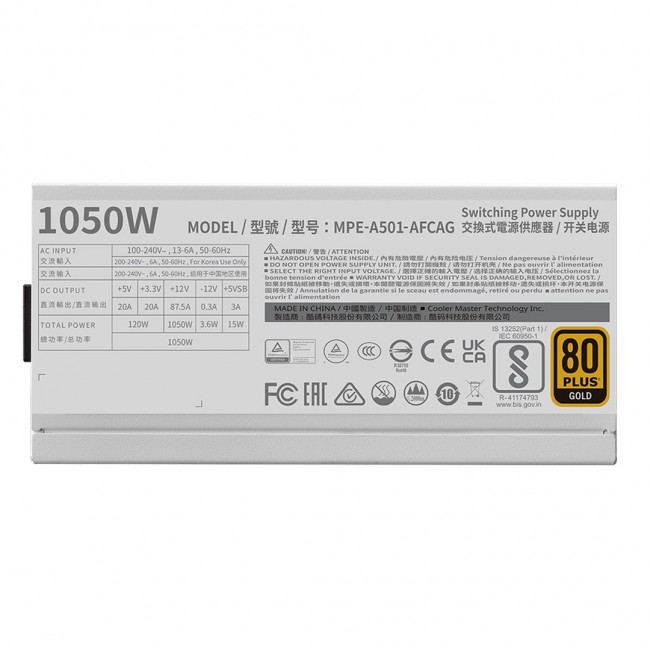 Cooler Master MWE Gold 1050 V2 ATX 3.1 White Edition power supply unit 1050 W 24-pin ATX Cooler Master MWE Gold 1050 V2 ATX 3.1 White Edition power supply unit 1050 W 24-pin ATX