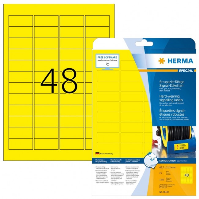 HERMA Labels signalling hard-wearing A4 45,7x21,2 mm yellow strong adhesion film matt weatherpr. 1200 pcs.