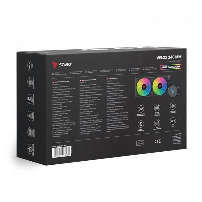 Savio VELOX 240 mm Computer case Liquid cooling kit 12 cm Black 1 pc(s) Savio VELOX 240 mm Computer case Liquid cooling kit 12 cm Black 1 pc(s)