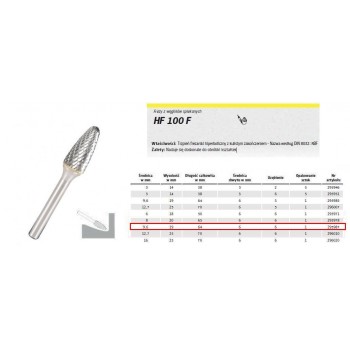 K.MILLING CUTTER WITH SINTERED CARBON.HF 100 F /9,6mm/987 HYPERBOLA FI 9,6x19mm,SHANK 6mm,TYPE RBF