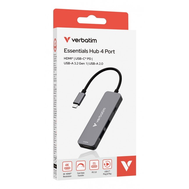 Verbatim USB-C Essentials Multiport Hub 4 ports: HDMI, USB-C PD, USB-A 3.2 Gen 1, USB-A