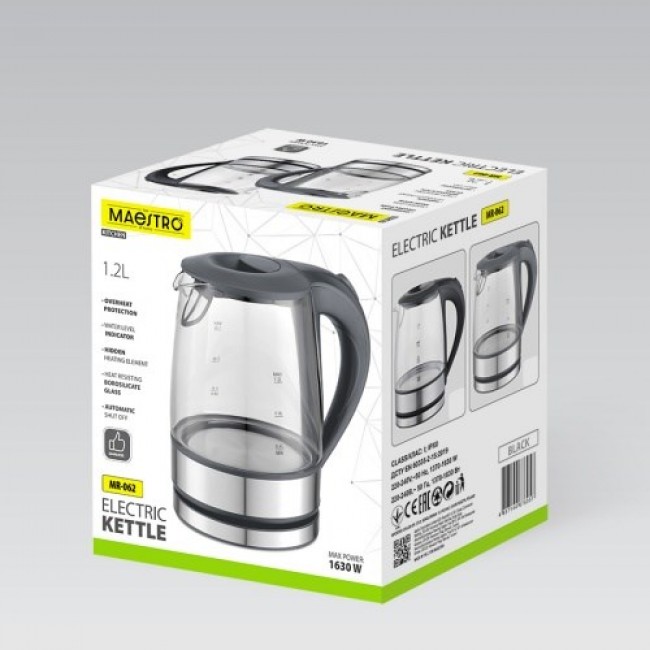 Maestro MR-062-Black Glass Electric Kettle 1,2 L
