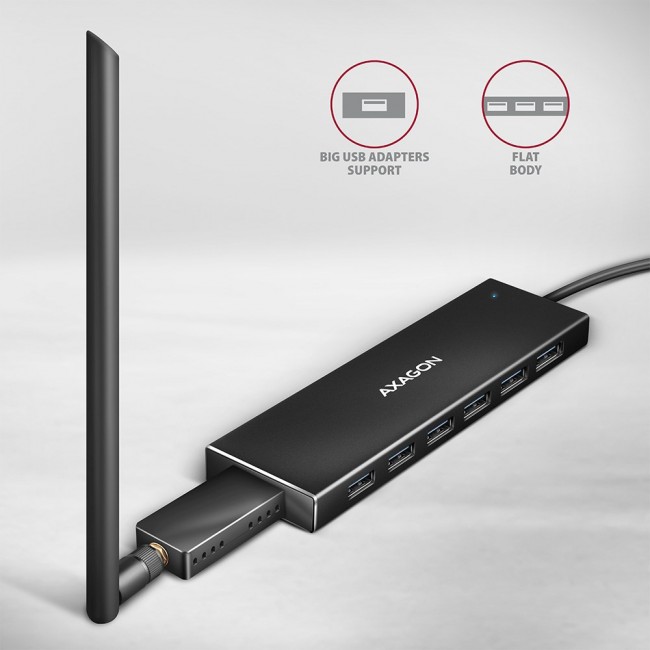 Axagon HUE-F7A 7x USB 3.2 Gen 1 ALU FLAT hub micro power IN 1m USB-A USB 3.2 Gen 1 (3.1 Gen 1) Type-A 5000 Mbit/s Black