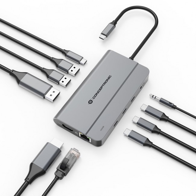 Conceptronic DONN34G 10-in-1 USB 3.2 Gen 2 MST Docking Station, 4K60Hz HDMI, 8K30Hz DisplayPort, GbE, USB-C 10Gbps x 3, USB-A 480Mbps x 2, Audio, 100W USB PD