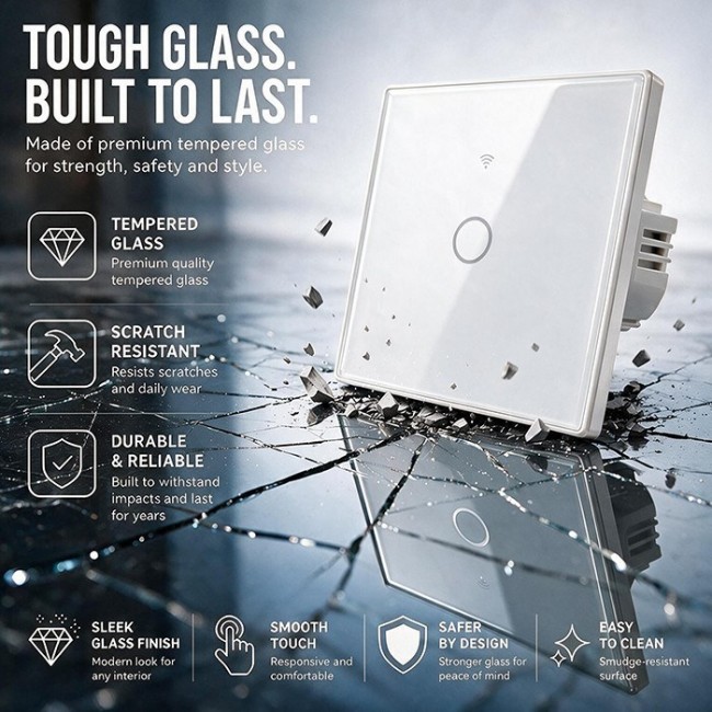 Qoltec 52715 Smart Touch 1-Gang Light Switch | Wi-Fi | Timer | Tuya | Smart Life | Tempered Glass | White