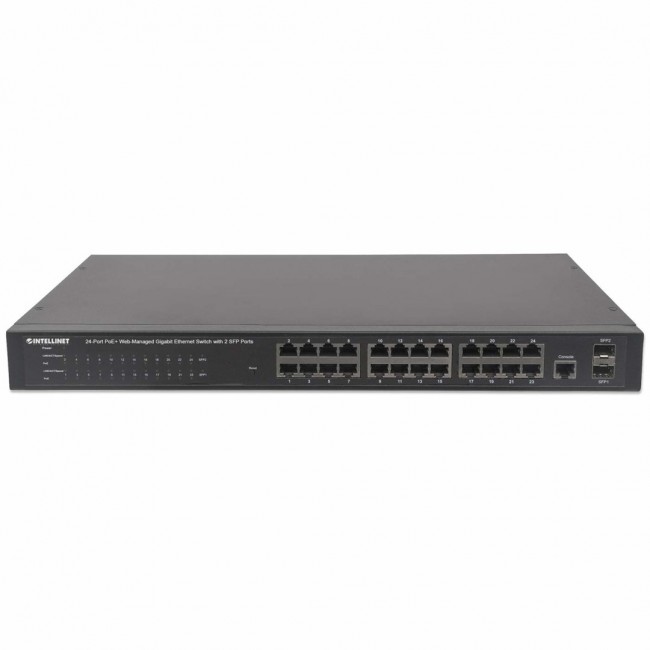 Intellinet 24-Port Gigabit Ethernet PoE+ Web-Managed Switch with 2 SFP Ports, 24 x PoE ports, IEEE 802.3at/af Power over Ethernet (PoE+/PoE), 2 x SFP, Endspan, 19
