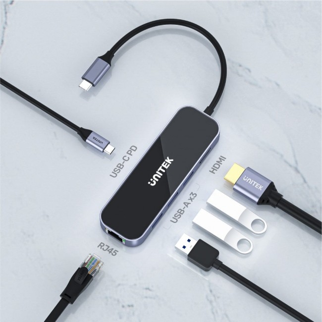 UNITEK uHUB H6 Wired USB 3.2 Gen 1 (3.1 Gen 1) Type-C Black, Grey