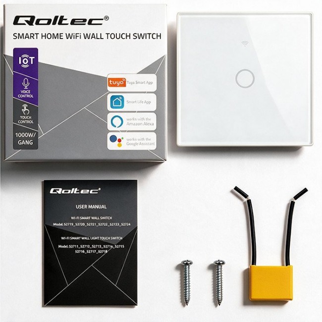 Qoltec 52715 Smart Touch 1-Gang Light Switch | Wi-Fi | Timer | Tuya | Smart Life | Tempered Glass | White