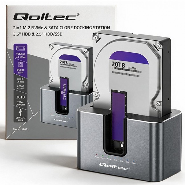 Qoltec 52631 HDD SSD doscking station | SATA | M.2 NVMe | cloning | USB-C | 10Gb/s | 28TB