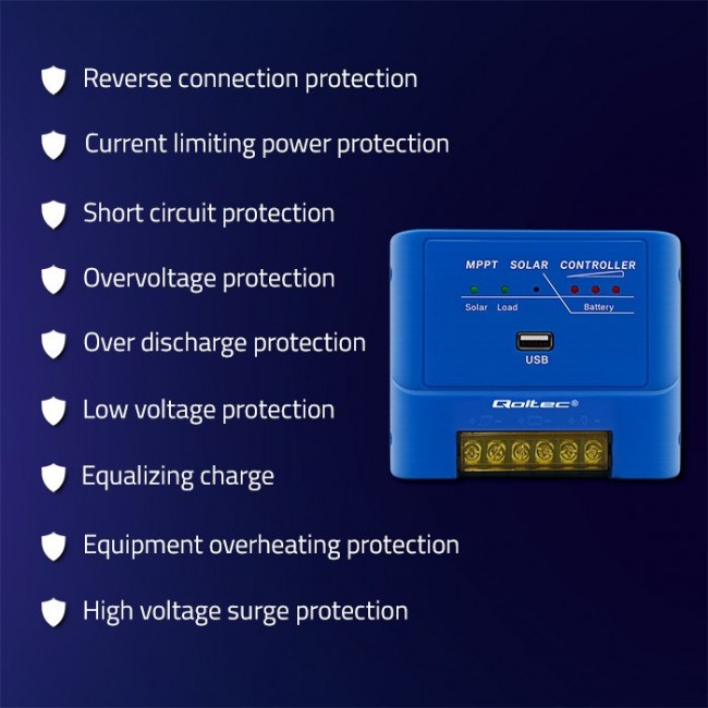 Qoltec 53671 Solar charge controller MPPT 15A for powering DC consumers and charging batteries 12V / 24V | LiFePO4