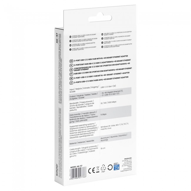 Savio AK-57 USB-C - 3 x USB-A HUB with RJ-45 Gigabit Ethernet adapter, 5000 Mbit/s, grey