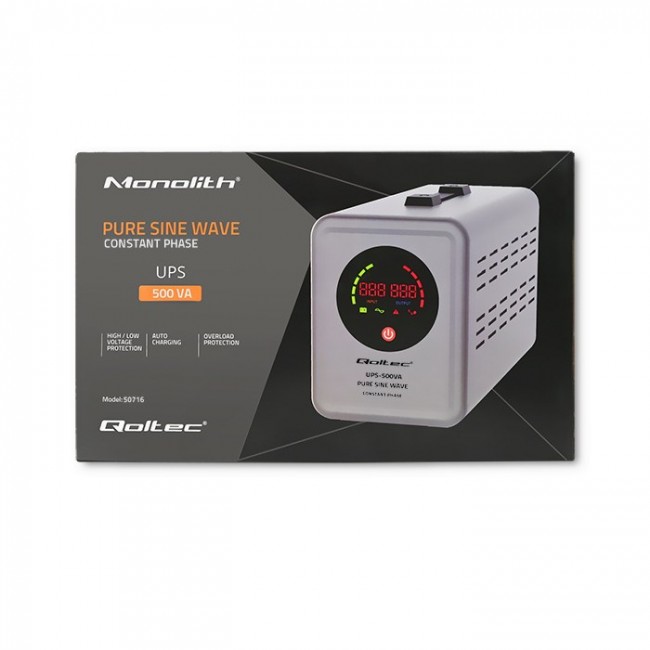 Qoltec 50716 Uninterruptible power supply Pure Sine Wave UPS | 500VA | 350W | constant phase | Grey
