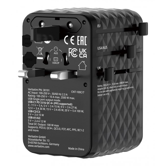 Verbatim Charge 'n' Travel 100W Universal Travel Adapter with retractable cable Black