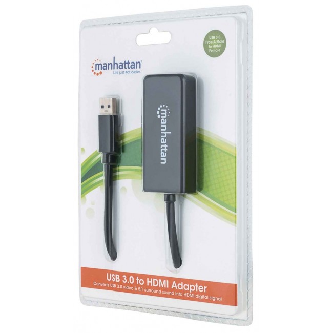 Manhattan USB-A to HDMI Adapter Cable, 60cm, Male to Female, 5 Gbps (USB 3.2 Gen1 aka USB 3.0), 2560x1440 @ 32-bit colour, Full HD video 1080p@16:9, Black, Blister Manhattan USB-A to HDMI Adapter Cable, 60cm, Male to Female, 5 Gbps (USB 3.2 Gen1 aka USB 3.0), 2560x1440 @ 32-bit colour, Full HD video 1080p@16:9, Black, Blister