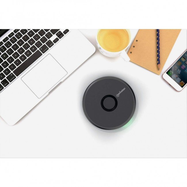 Manhattan Smartphone Wireless Charging Pad, QI certified, 10W, 7.5W and 5W charging, USB-C to USB-A cable included, USB-C input into pad, Cable 1.5m, Black, Three Year Warranty, Boxed Manhattan Smartphone Wireless Charging Pad, QI certified, 10W, 7.5W and 5W charging, USB-C to USB-A cable included, USB-C input into pad, Cable 1.5m, Black, Three Year Warranty, Boxed
