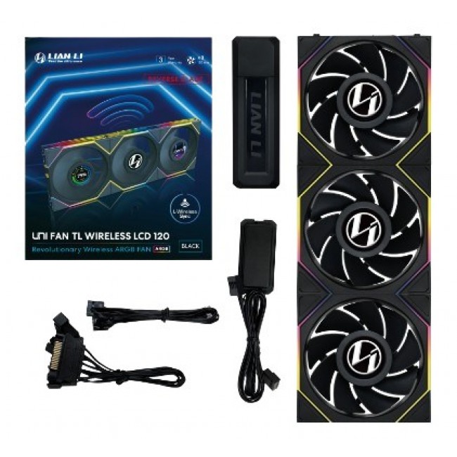 Lian Li UNI FAN TL Wireless LCD Fan, ARGB, PWM, 3-Pack incl. Controller - Reverse Blade, 120mm, black Lian Li UNI FAN TL Wireless LCD Fan, ARGB, PWM, 3-Pack incl. Controller - Reverse Blade, 120mm, black