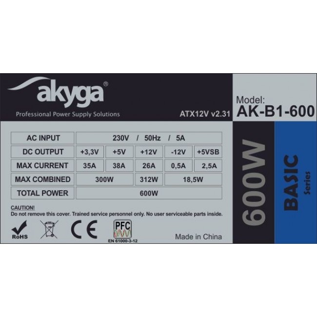 Akyga AK-B1-600 power supply unit 600 W 20+4 pin ATX ATX Grey Akyga AK-B1-600 power supply unit 600 W 20+4 pin ATX ATX Grey