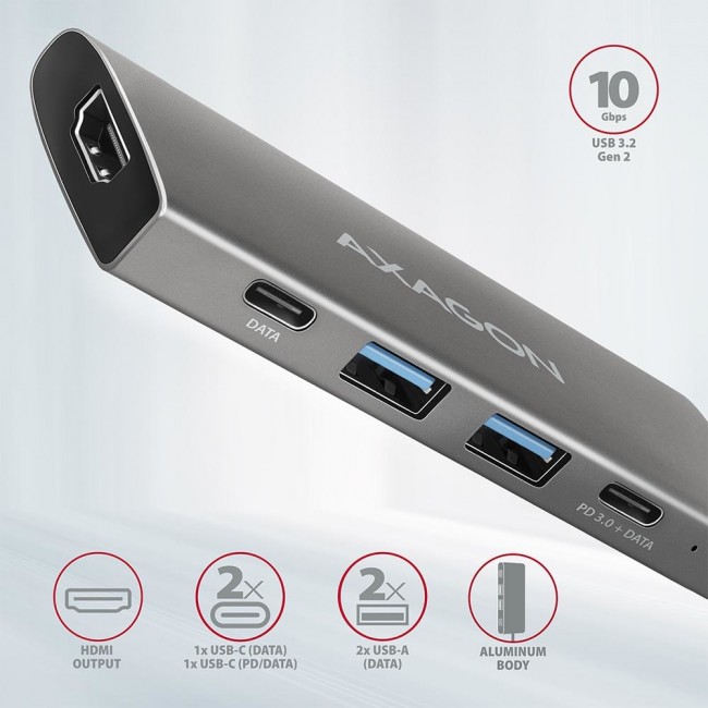 Axagon HMC-5G2 USB 10Gbps hub, 2x USB-A, 2x USB-C, HDMI 4k/60Hz, PD 100W, USB-C cable