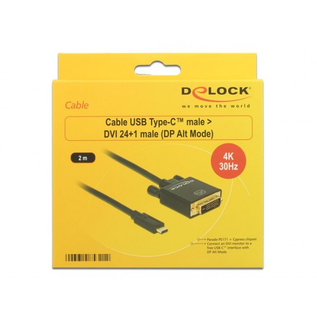 DeLOCK 2m, USB-C/DVI 24+1 USB graphics adapter 3840 x 2160 pixels Black